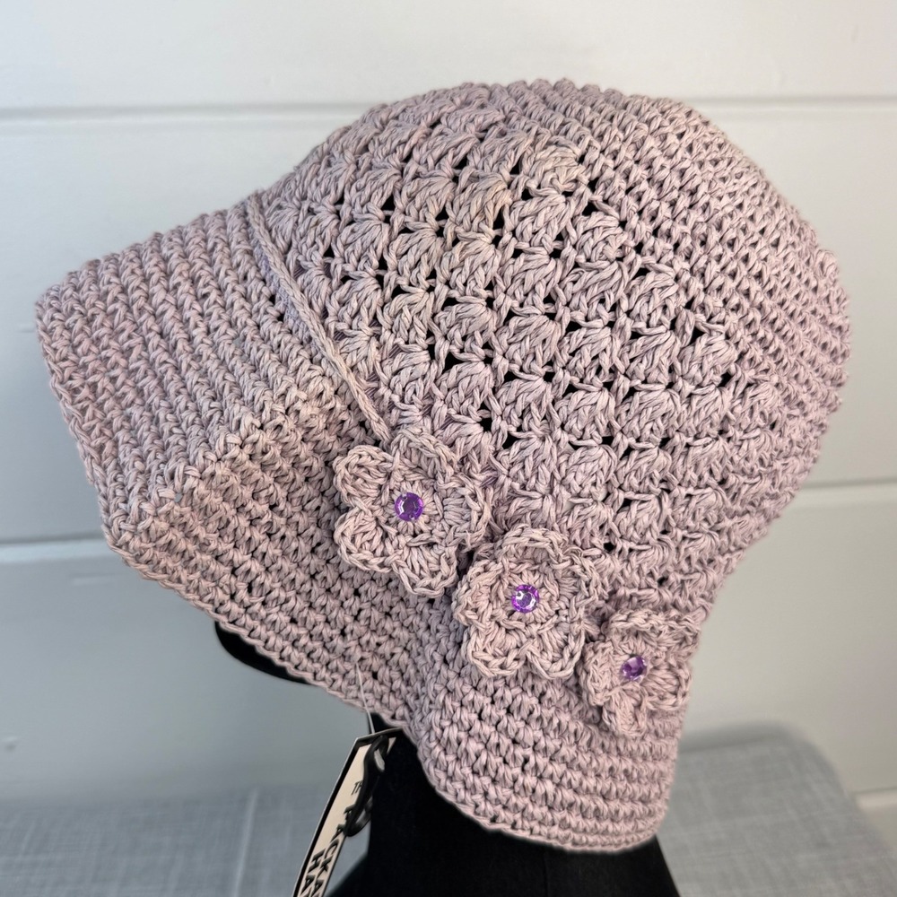 Y2K Xhilaration Lavender Purple Crochet Flower Paper Bucket Hat Rhinestone
